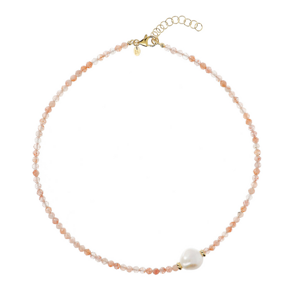 Choker Necklace with Pink Quartzite and White Freshwater Baroque Pearl Ø 13 mm in 18Kt Yellow Gold Plated 925 Silver