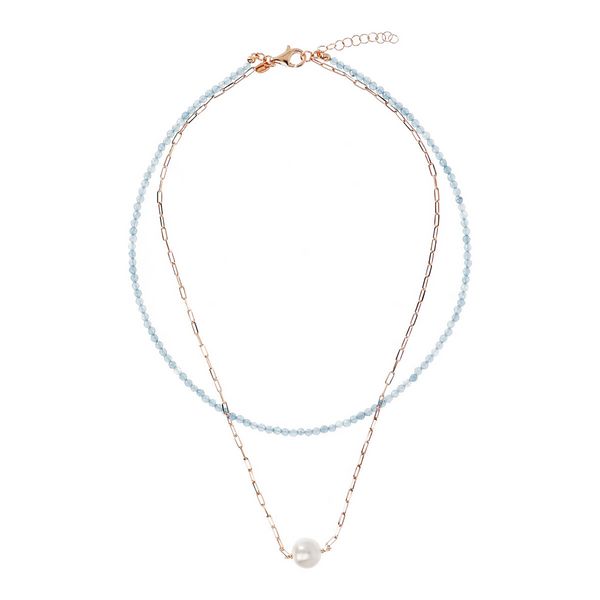 Double Choker Necklace with Sky Quartzite and Forzatina Mesh with White Ming Pearl Ø 11 mm in 18Kt Rose Gold Plated 925 Silver
