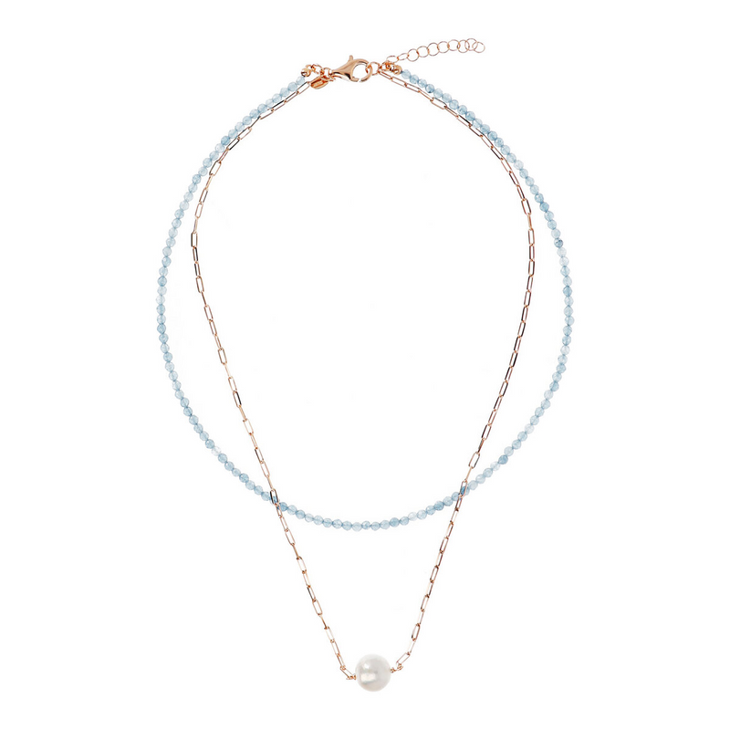 Double Choker Necklace with Sky Quartzite and Forzatina Mesh with White Ming Pearl Ø 11 mm in 18Kt Rose Gold Plated 925 Silver