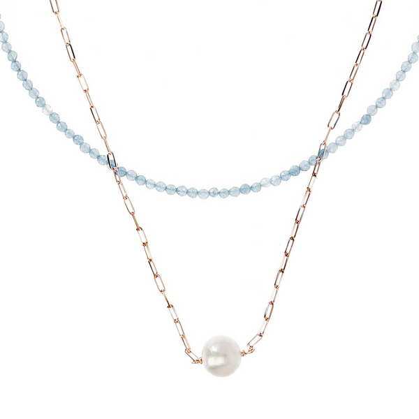 Doppelte Halskette mit Himmelsquarz und weißer Ming-Perle Ø 11 mm aus 18 Karat Roségold vergoldetem 925er Silber