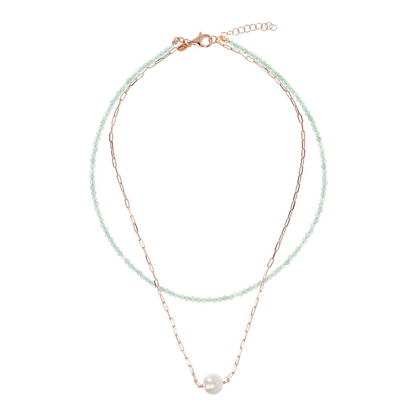 Doppelte Halskette mit grünem Quarz und Forzatina-Glied mit weißer Ming-Perle Ø 11 mm aus 18 Karat Roségold vergoldetem 925er Silber
