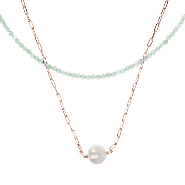 Doppelte Halskette mit grünem Quarz und Forzatina-Glied mit weißer Ming-Perle Ø 11 mm aus 18 Karat Roségold vergoldetem 925er Silber