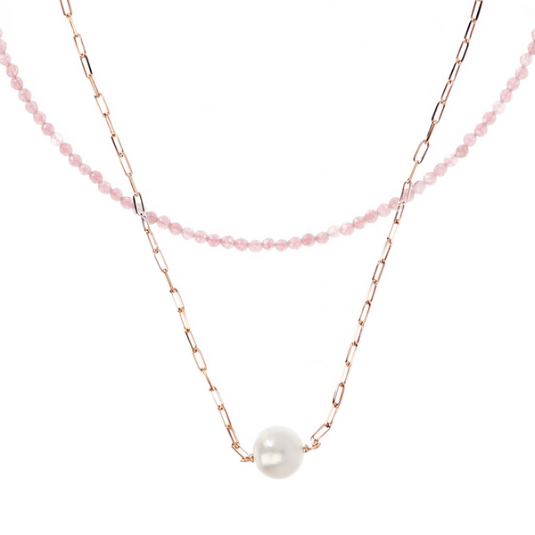 Doppelte Halskette mit rosafarbenem Quarzit und Forzatina-Glied mit weißer Ming-Perle Ø 11 mm aus 18 Karat Roségold vergoldetem 925er Silber