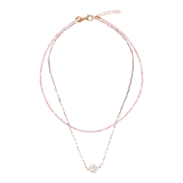 Doppelte Halskette mit rosafarbenem Quarzit und Forzatina-Glied mit weißer Ming-Perle Ø 11 mm aus 18 Karat Roségold vergoldetem 925er Silber