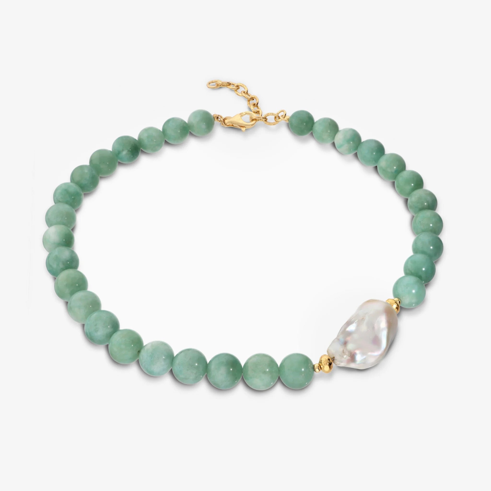 925 Sterling Silver 18Kt Yellow Gold Plated Necklace with Green Quartzite and White Freshwater Scaramazza Pearl Ø 14/14.5 mm