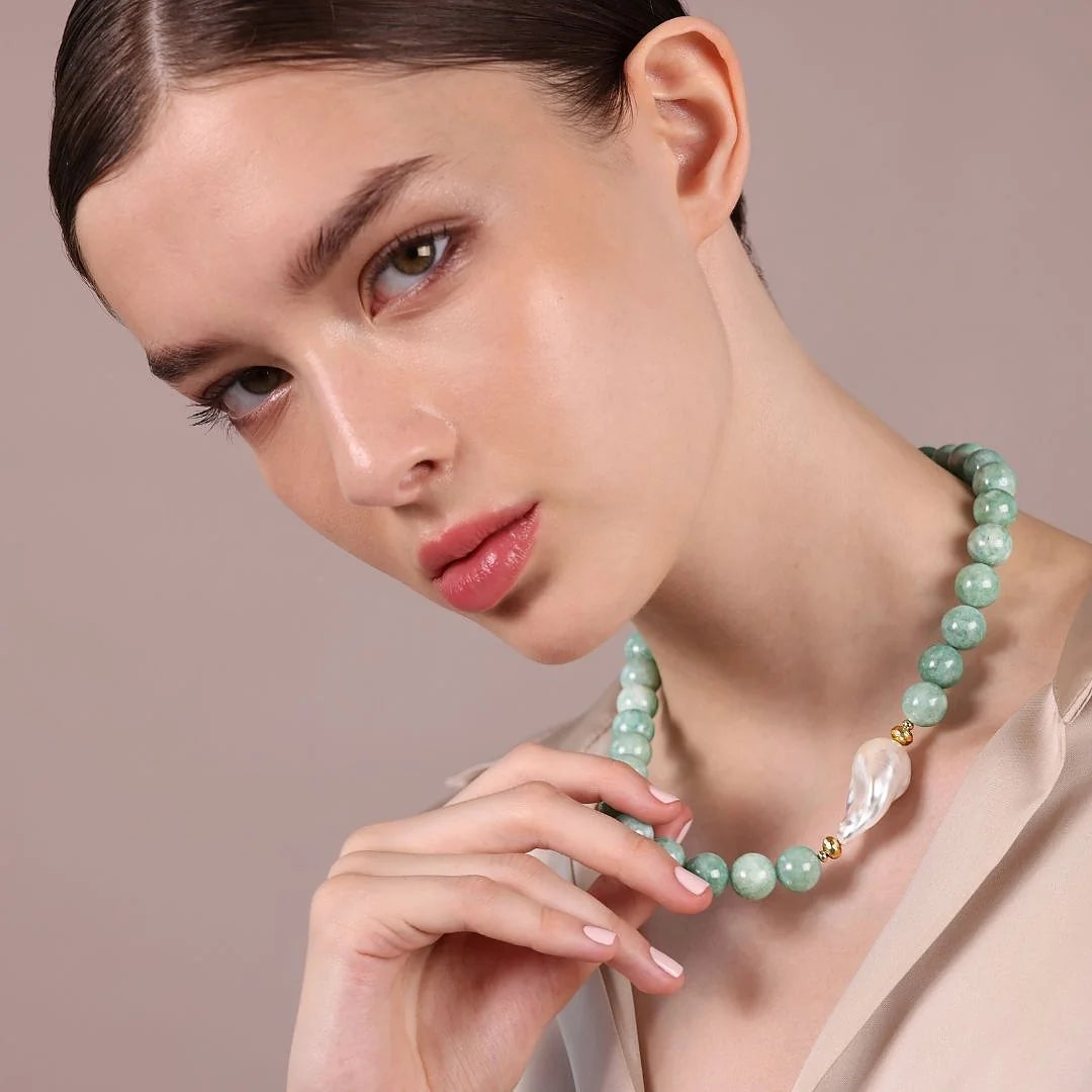 925 Sterling Silver 18Kt Yellow Gold Plated Necklace with Green Quartzite and White Freshwater Scaramazza Pearl Ø 14/14.5 mm