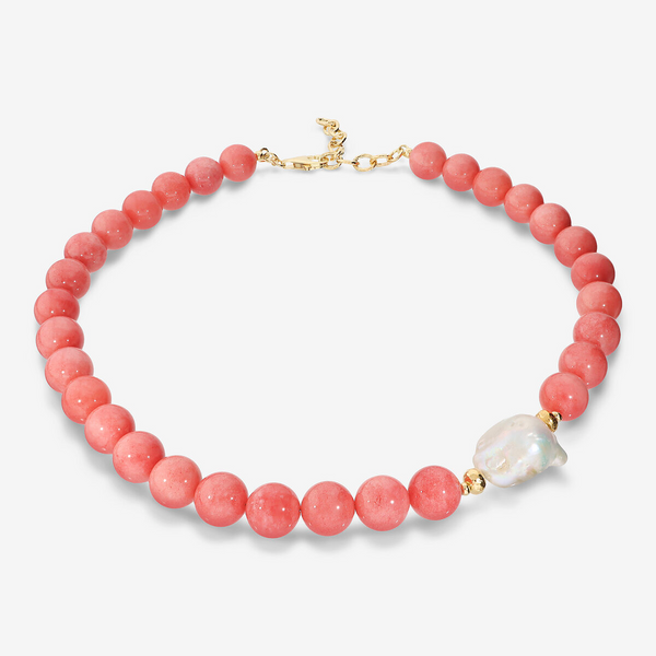 Choker Necklace with Pink Quartzite and White Freshwater Scaramazza Pearl Ø 14/14.5 mm in 18Kt Yellow Gold Plated 925 Silver
