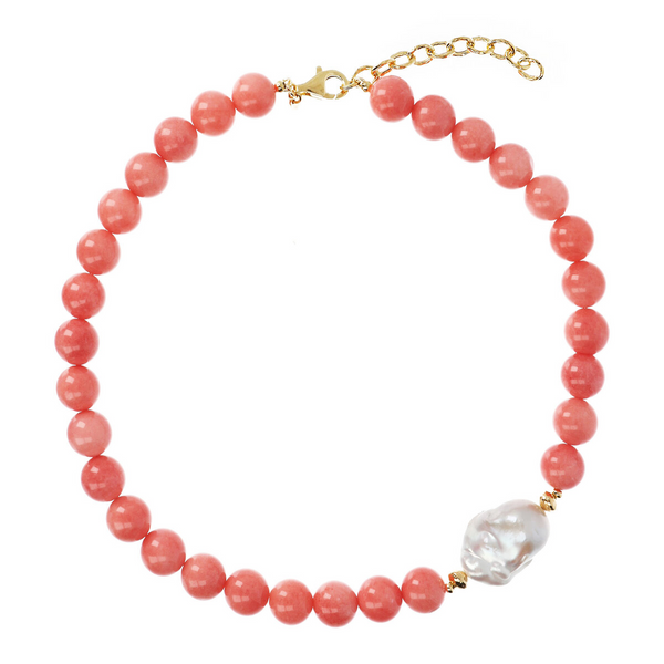 Choker Necklace with Pink Quartzite and White Freshwater Scaramazza Pearl Ø 14/14.5 mm in 18Kt Yellow Gold Plated 925 Silver