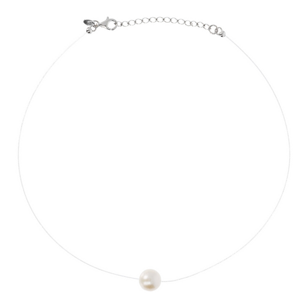 Choker Necklace with White Freshwater Ming Pearl Ø 11/13 mm in 18Kt White Gold Plated 925 Silver
