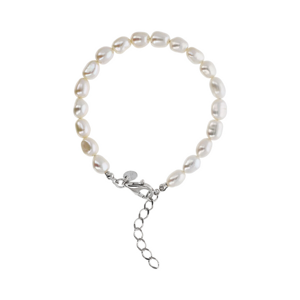 Bracelet avec Perles d'Eau Douce Nugget Blanches Ø 6/7 mm en Argent 925 Plaqué Or Blanc 18Kt