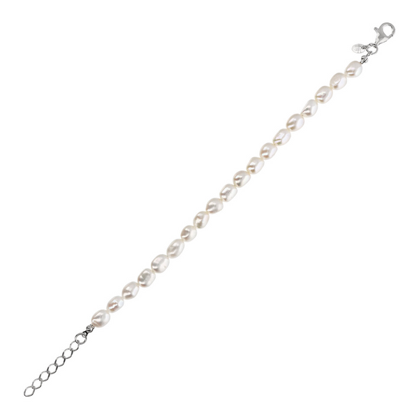 Bracelet avec Perles d'Eau Douce Nugget Blanches Ø 6/7 mm en Argent 925 Plaqué Or Blanc 18Kt