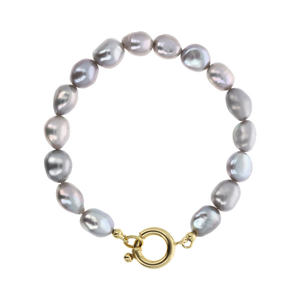 Bracelet avec Perles d'Eau Douce Grises Nugget Ø 8/9 mm en Argent 925 Plaqué Or Jaune 18Kt