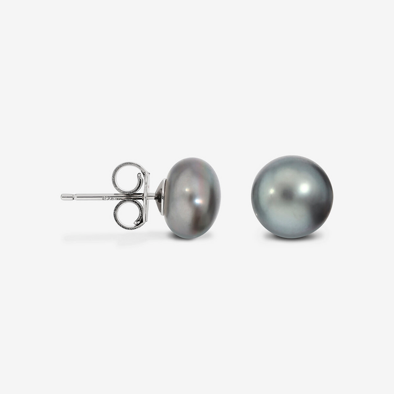 Earrings with Grey Freshwater Pearl Buttons Ø 8/9 mm in 18Kt White Gold Plated 925 Silver