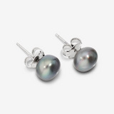Earrings with Grey Freshwater Pearl Buttons Ø 8/9 mm in 18Kt White Gold Plated 925 Silver