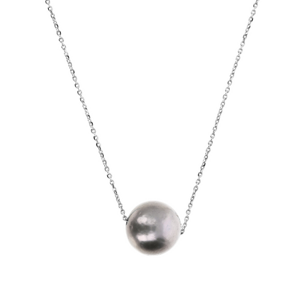 Collier avec Perle d'eau douce Ming grise Ø 11/12 mm en Argent 925 Plaqué Or Blanc 18Kt