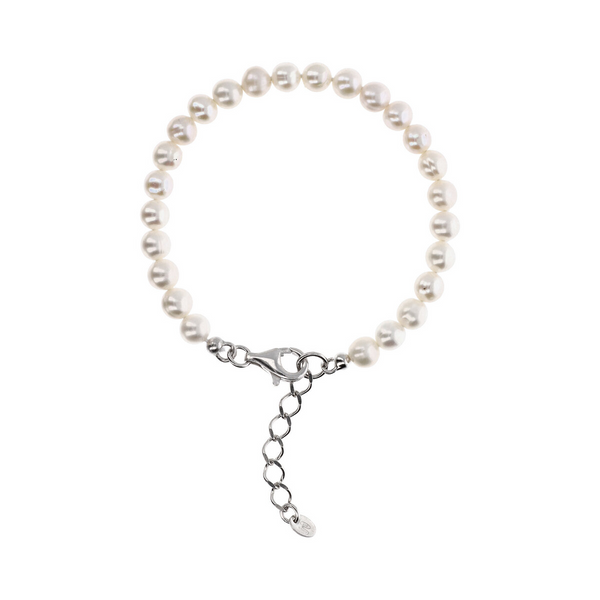 Bracelet avec Perles d'Eau Douce Blanches Ø 6/6,5 mm en Argent 925 Plaqué Or Blanc 18Kt