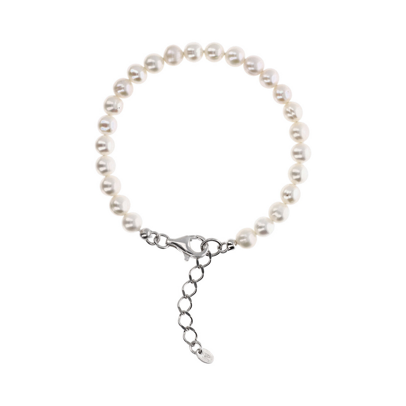 Bracelet avec Perles d'Eau Douce Blanches Ø 6/6,5 mm en Argent 925 Plaqué Or Blanc 18Kt