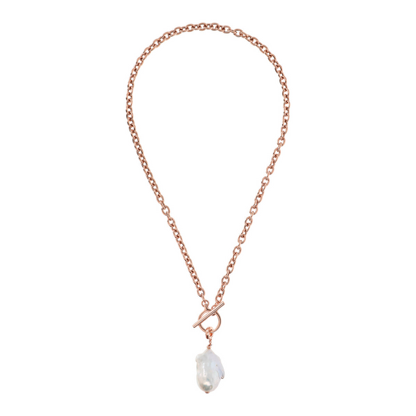 Collier ras du cou et pendentif Rolo Chain avec perle Scaramazza d'eau douce blanche en argent 925 plaqué or rose 18 carats