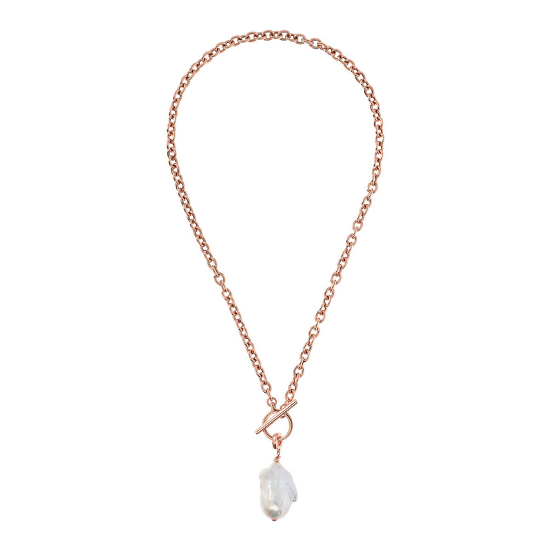 Rolo Chain Choker Necklace and Pendant with White Freshwater Scaramazza Pearl in 18Kt Rose Gold Plated 925 Silver