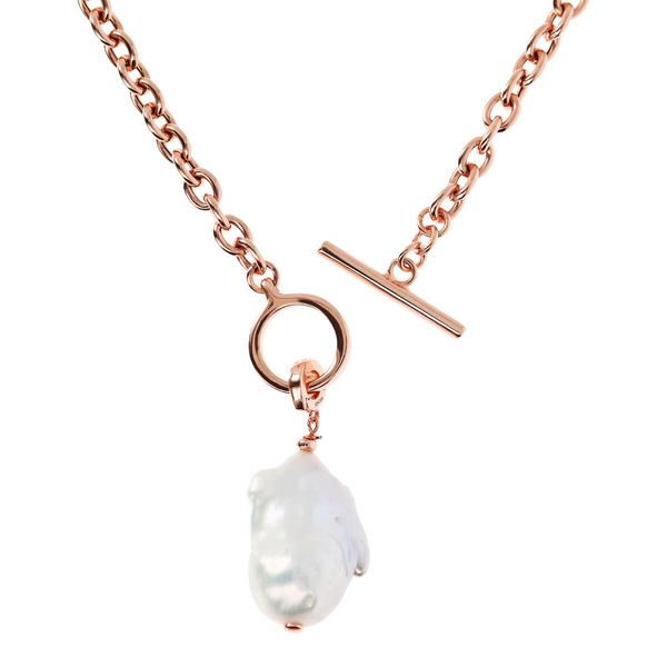 Rolo Chain Choker Necklace and Pendant with White Freshwater Scaramazza Pearl in 18Kt Rose Gold Plated 925 Silver