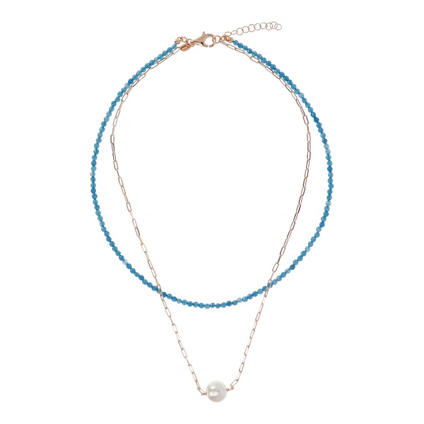 Double Choker Necklace with Blue Quartzite and Forzatina Link with White Ming Pearl Ø 11 mm in 18Kt Rose Gold Plated 925 Silver