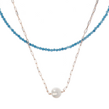 Double Choker Necklace with Blue Quartzite and Forzatina Link with White Ming Pearl Ø 11 mm in 18Kt Rose Gold Plated 925 Silver