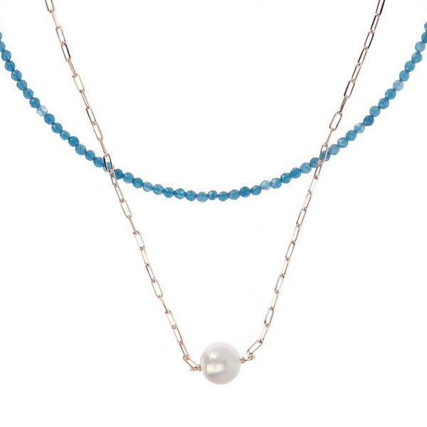 Doppelte Halskette mit blauem Quarzit und Forzatina-Glied mit weißer Ming-Perle Ø 11 mm aus 18 Karat Roségold vergoldetem 925er Silber