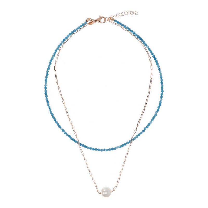 Doppelte Halskette mit blauem Quarzit und Forzatina-Glied mit weißer Ming-Perle Ø 11 mm aus 18 Karat Roségold vergoldetem 925er Silber
