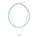 Doppelte Halskette mit grünem Quarzit und weißer Ming-Perle Ø 11 mm aus 18 Karat Roségold vergoldetem 925er Silber