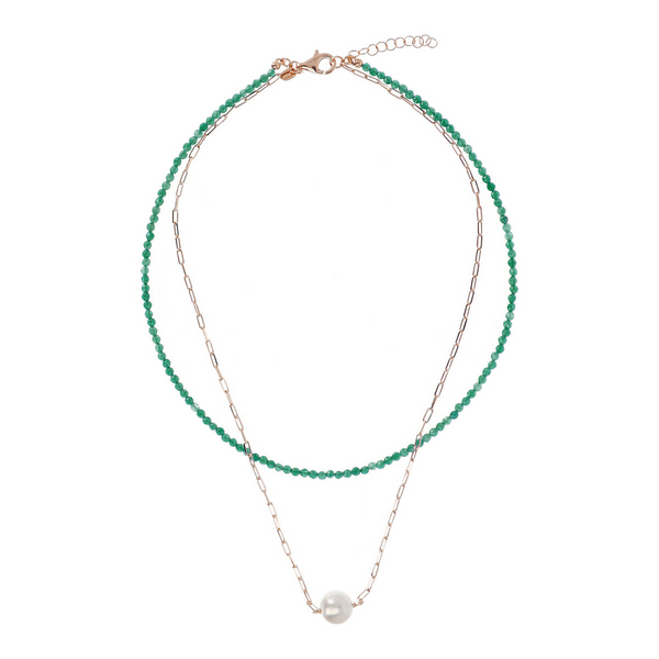 Doppelte Halskette mit grünem Quarzit und weißer Ming-Perle Ø 11 mm aus 18 Karat Roségold vergoldetem 925er Silber