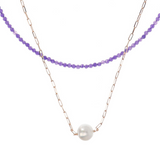 Double Choker Necklace with Purple Quartzite and Forzatina Link with White Ming Pearl Ø 11 mm in 18Kt Rose Gold Plated 925 Silver
