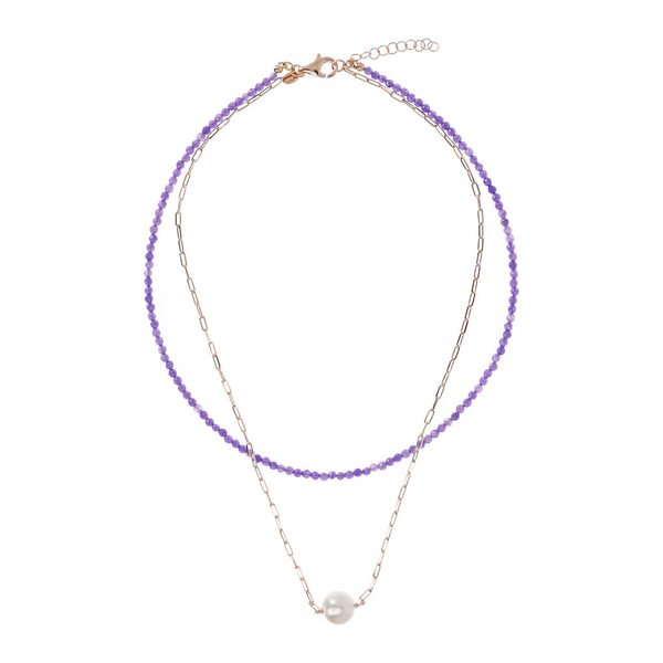 Doppelte Halskette mit violettem Quarzit und Forzatina-Glied mit weißer Ming-Perle Ø 11 mm aus 18 Karat Roségold vergoldetem 925er Silber