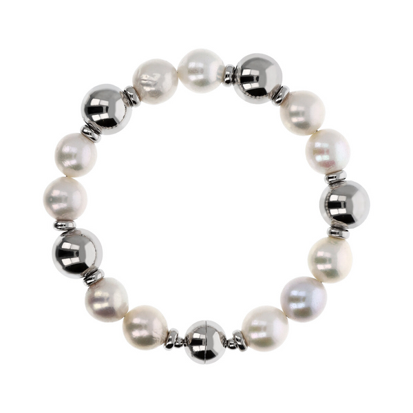 Bracelet avec Perles Blanches Ming d'Eau Douce Ø 10/11 mm en Argent 925 Plaqué Or Blanc 18Kt