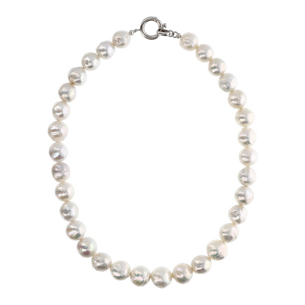 Choker Necklace with White Baroque Ming Freshwater Pearls Ø 12/13 mm in 18Kt White Gold Plated 925 Silver
