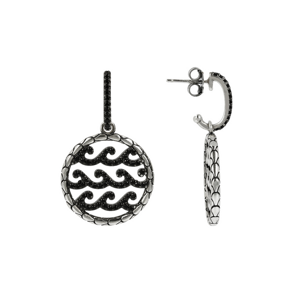 Boucles d'oreilles pendantes avec Cercle Texture Sirène et Vagues Pavées en Spinelle Noir