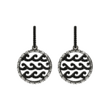 Pendant Earrings with Mermaid Texture Circle and Pavé Waves in Black Spinel