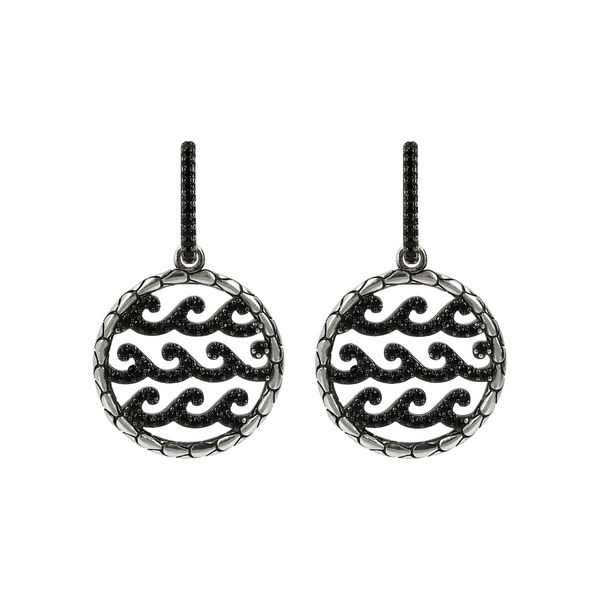 Boucles d'oreilles pendantes avec Cercle Texture Sirène et Vagues Pavées en Spinelle Noir