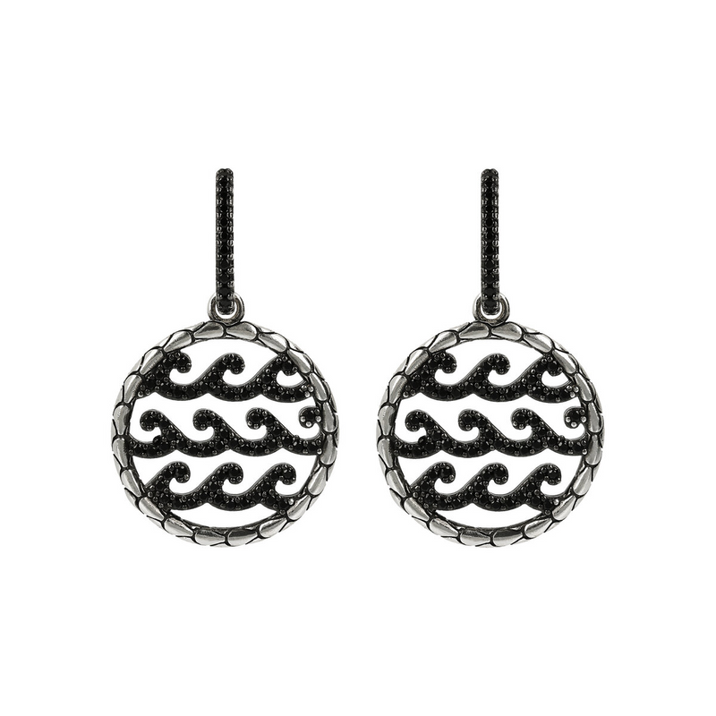 Pendant Earrings with Mermaid Texture Circle and Pavé Waves in Black Spinel