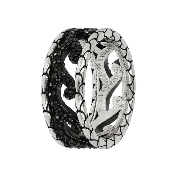 Mermaid Texture Ring with Pavé Waves in Black Spinel