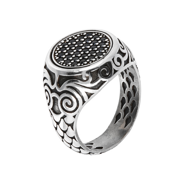 Siren Texture Tribal Chevalier Ring with Black Spinel Pavé