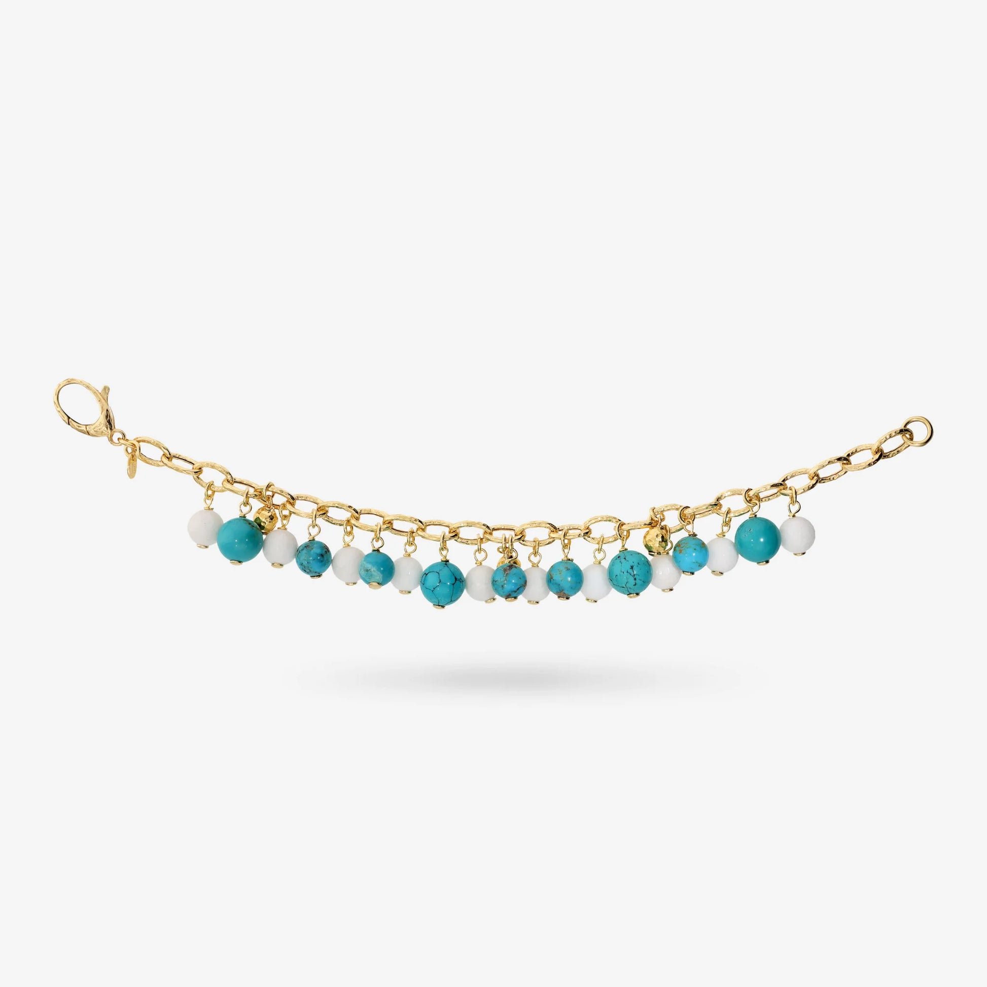 925 Sterling Silver 18Kt Yellow Gold Plated Bracelet with Natural Stones of Turquoise and Quartzites
