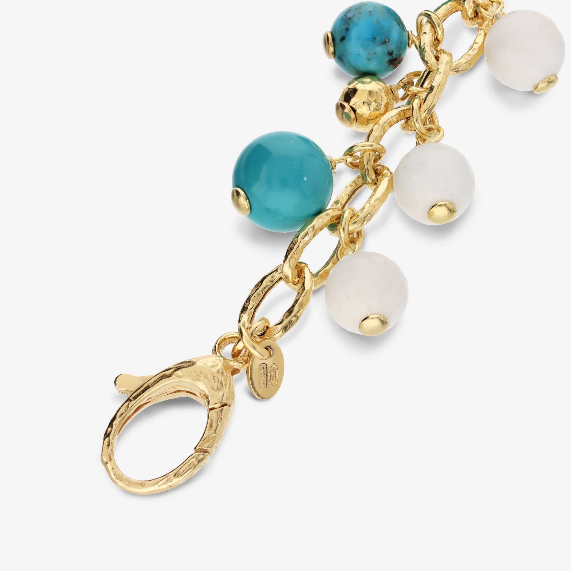 925 Sterling Silver 18Kt Yellow Gold Plated Bracelet with Natural Stones of Turquoise and Quartzites