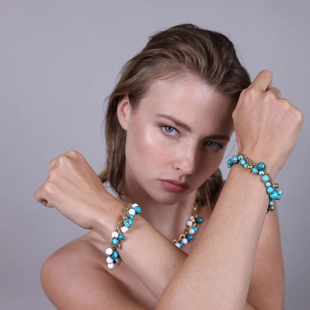 925 Sterling Silver 18Kt Yellow Gold Plated Bracelet with Natural Stones of Turquoise and Quartzites