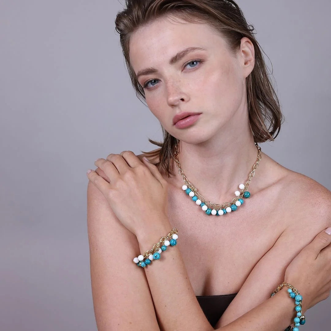 925 Sterling Silver 18Kt Yellow Gold Plated Necklace with Natural Stones of Turquoise and Quartzite
