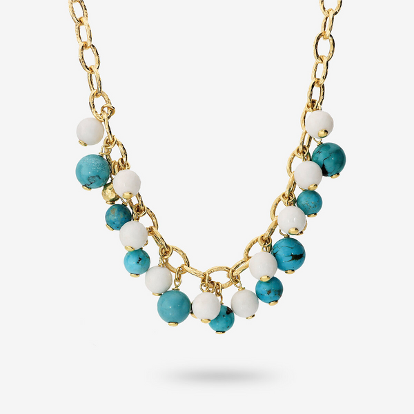 Collana Girocollo in Argento 925 placcato Oro Giallo 18Kt con Pietre Naturali di Turchesi e Quarziti