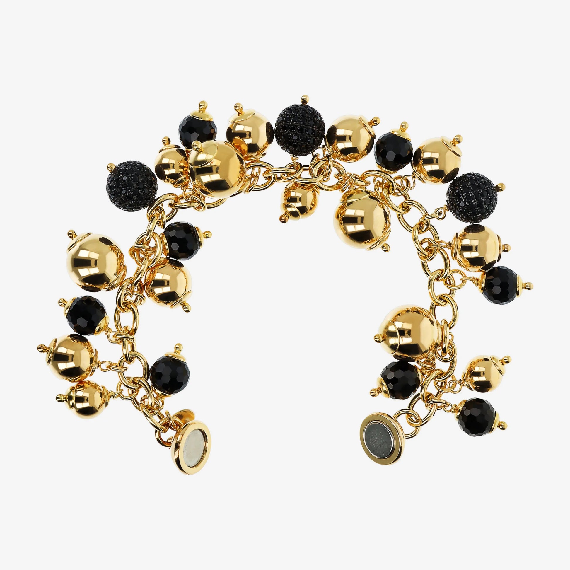 925 Sterling Silver 18Kt Yellow Gold Plated Bracelet with Black Spinel Charm and Shiny Bead