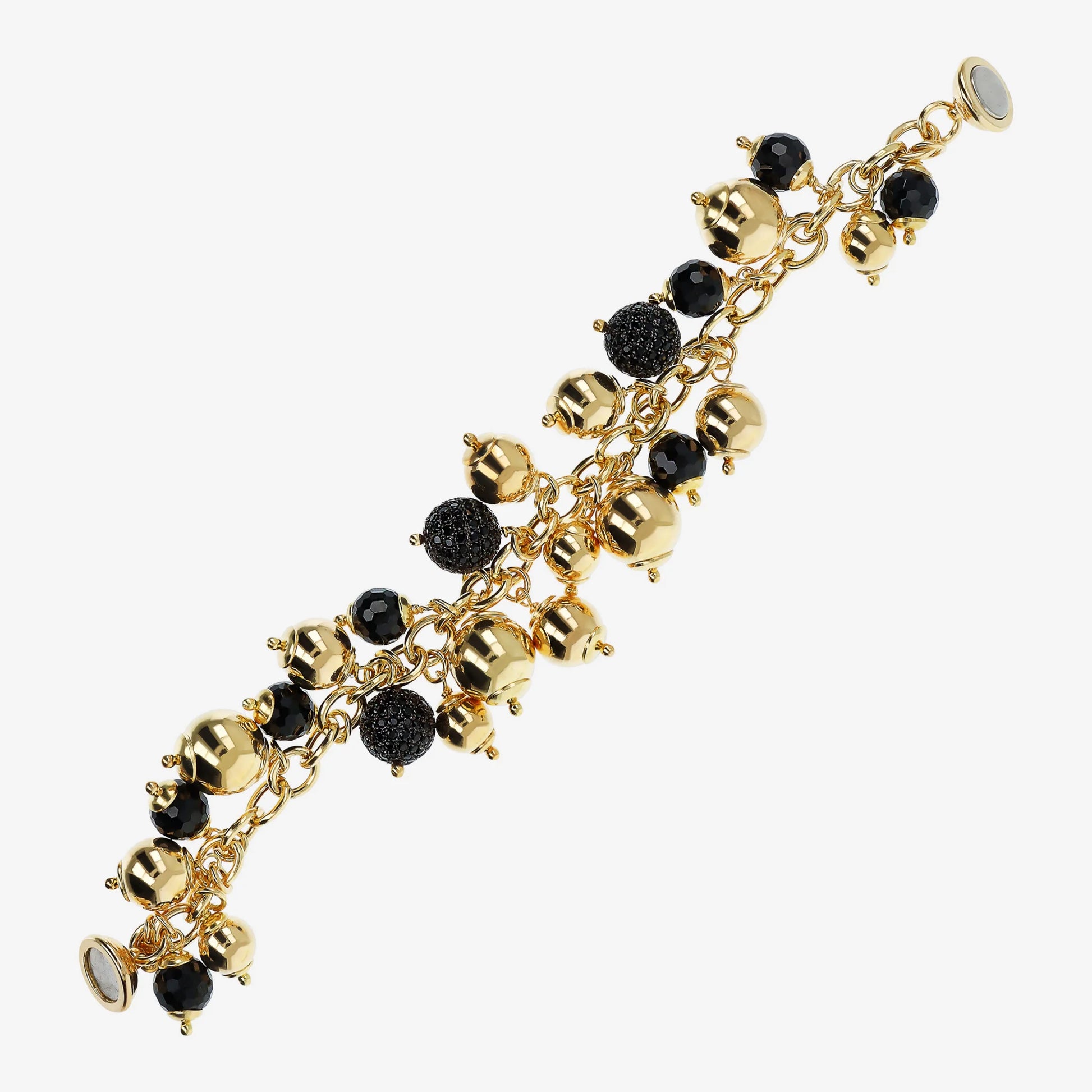 925 Sterling Silver 18Kt Yellow Gold Plated Bracelet with Black Spinel Charm and Shiny Bead