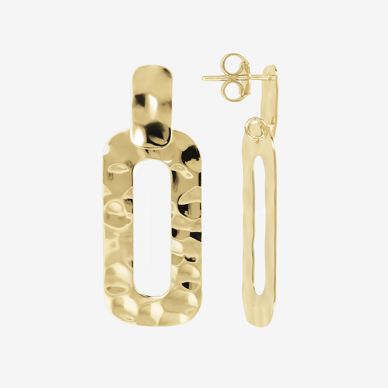 Boucles d'oreilles pendantes rectangulaires en argent 925 plaqué or jaune 18 carats avec surface martelée