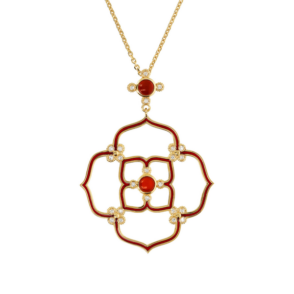 Rolo Chain Necklace and Four Leaf Clover with White Topaz and Red Carnelian