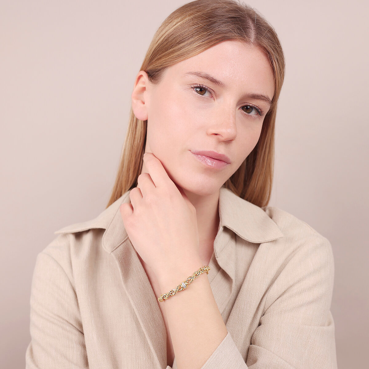 925 Silver Rope Link Bracelet plated with 18Kt Yellow Gold with Cubic Zirconia